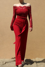 Load image into Gallery viewer, 3843-OFF SHOULDER LACE JUMPSUIT -BURGUNDY
