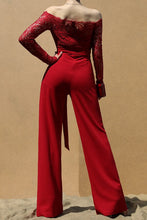 Load image into Gallery viewer, 3843-OFF SHOULDER LACE JUMPSUIT -BURGUNDY
