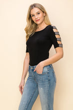 Load image into Gallery viewer, 5203-EMBELLISHED CUT OUT SHORT SLEEVE TOP-BLACK
