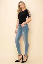 Load image into Gallery viewer, 5203-EMBELLISHED CUT OUT SHORT SLEEVE TOP-BLACK
