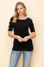 Load image into Gallery viewer, 5203-EMBELLISHED CUT OUT SHORT SLEEVE TOP-BLACK
