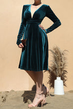 Load image into Gallery viewer, 3840-V NECK VELVET MIDI DRESS-TEAL
