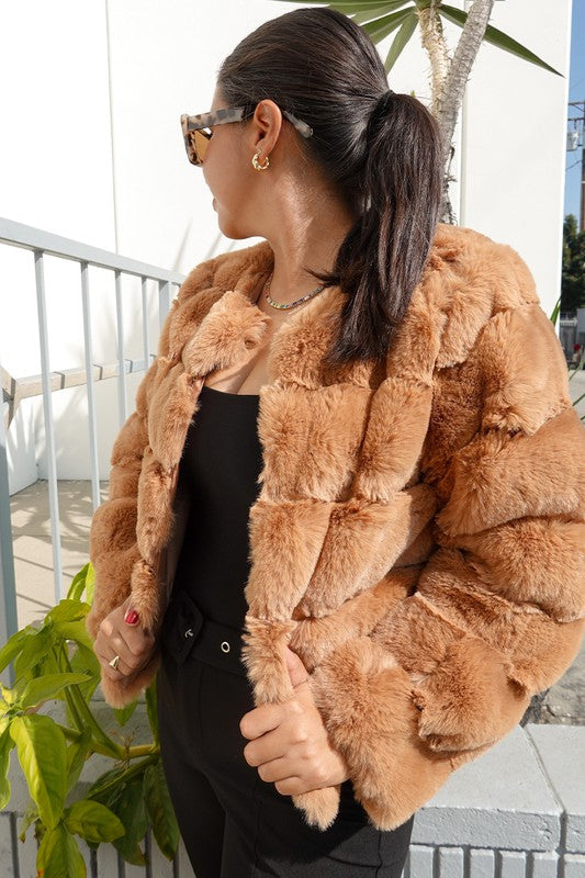 3834-Long sleeve open front faux fur jacket -CAMEL