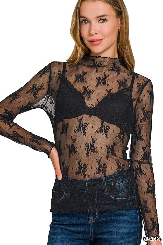5455-Lace See-through Layering Top-BLACK