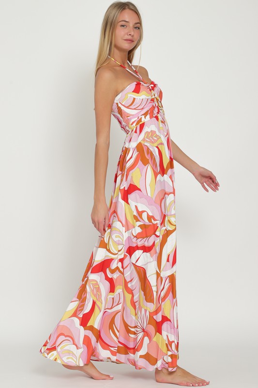 3991-TUBE SMOCKED MAXI DRESS-PNK/TANGERINE