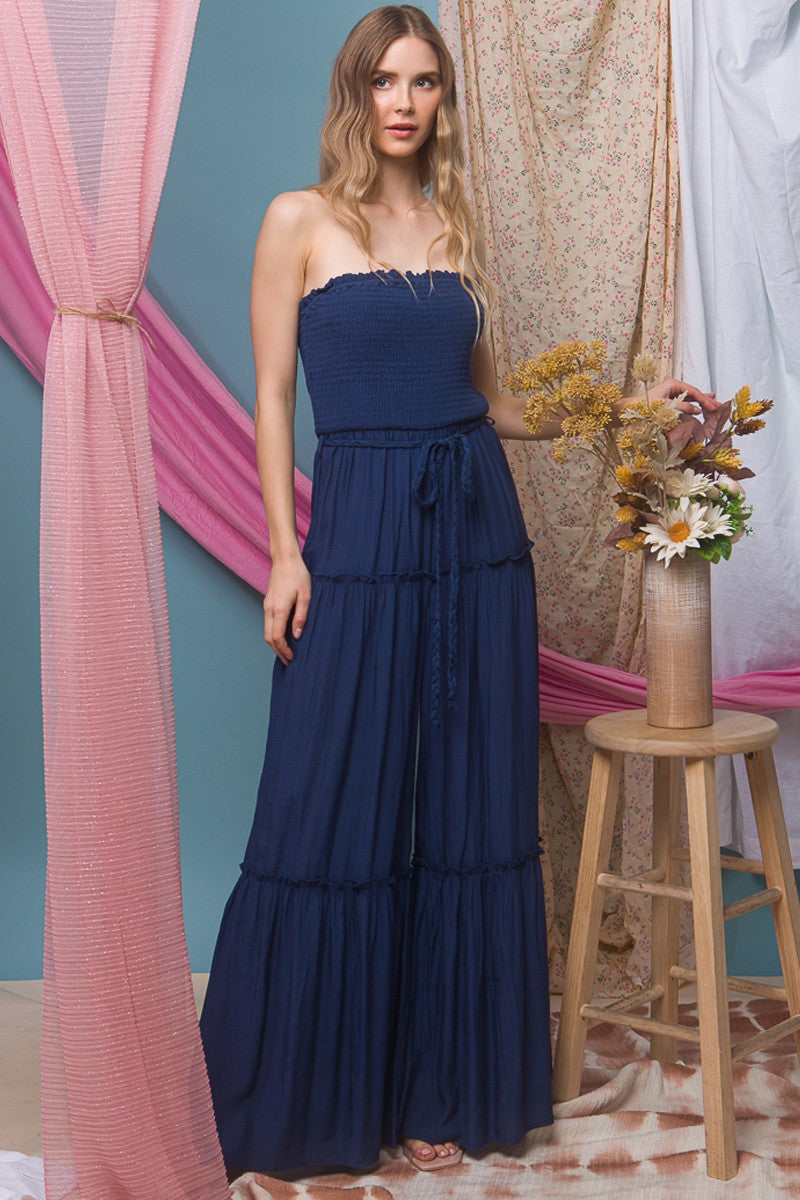 4405-Woven Sleeveless Smocked Ruffle Jumpsuit-NAVY