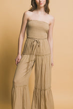 Load image into Gallery viewer, 4420-Woven Sleeveless Smocked Ruffle Jumpsuit-Khaki
