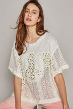 Load image into Gallery viewer, 4126-POL Oversize round neck crochet print peace sign top
