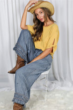 Load image into Gallery viewer, 6346- Flared Ruffle Hem Washed Chambray Crop Denim Pants
