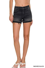 Load image into Gallery viewer, 4575-WASHED BLACK CUFFED RAW HEM DENIM SHORTS
