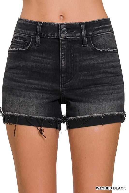 4575-WASHED BLACK CUFFED RAW HEM DENIM SHORTS