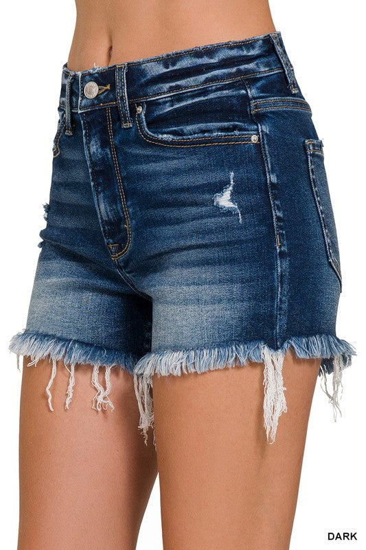 4107-RAW FRAYED HEM RIPPED DENIM SHORTS-DARK