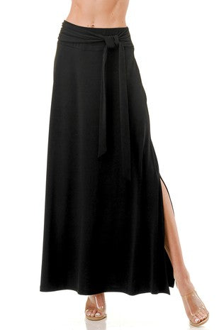 5187-Maxi Skirt W/ Tie Belt-BLACK