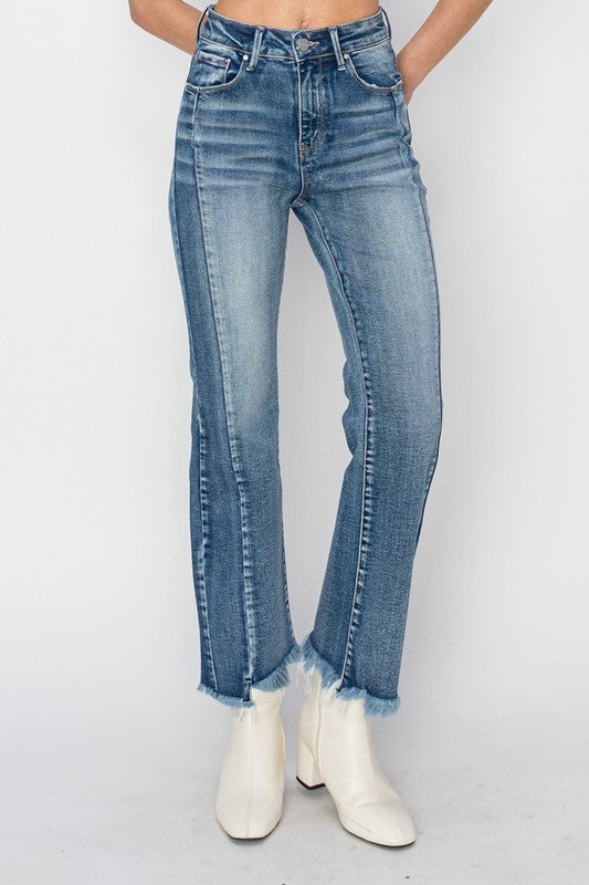 4856- RISEN- HIGH RISE STEP HEM DETAIL ANKLE FLARE JEANS