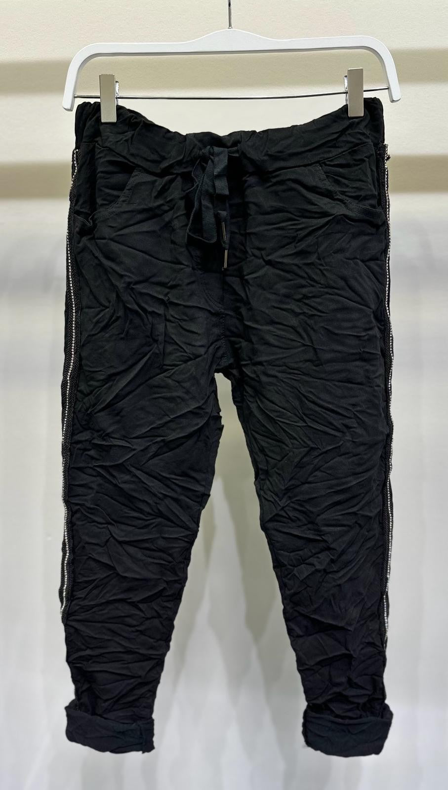 4516-RHINESTONE BRAIDED SIDE STRIPE CRINKLE JOGGER -BLACK