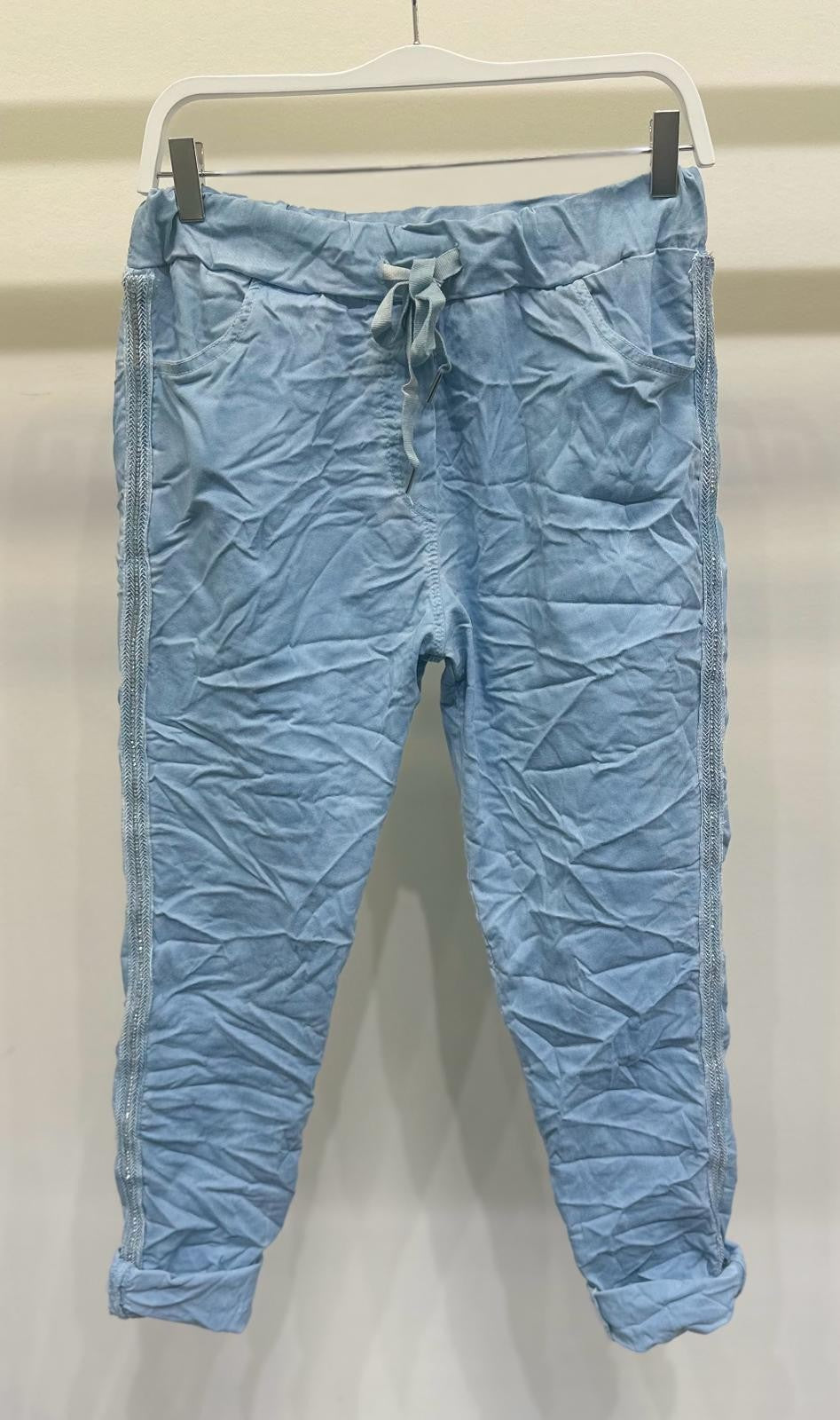 4515-RHINESTONE BRAIDED SIDE STRIPE CRINKLE JOGGER-BLUE