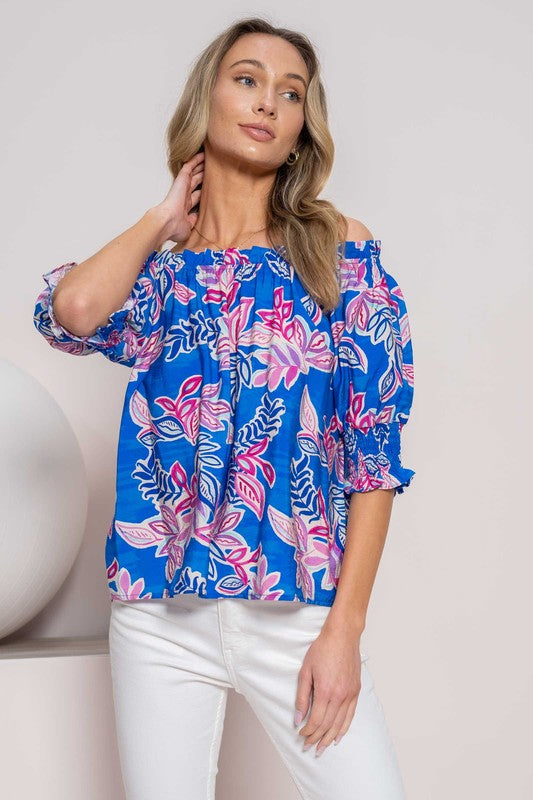 4336- BLUE PRINT OFF SHOULDER TOP