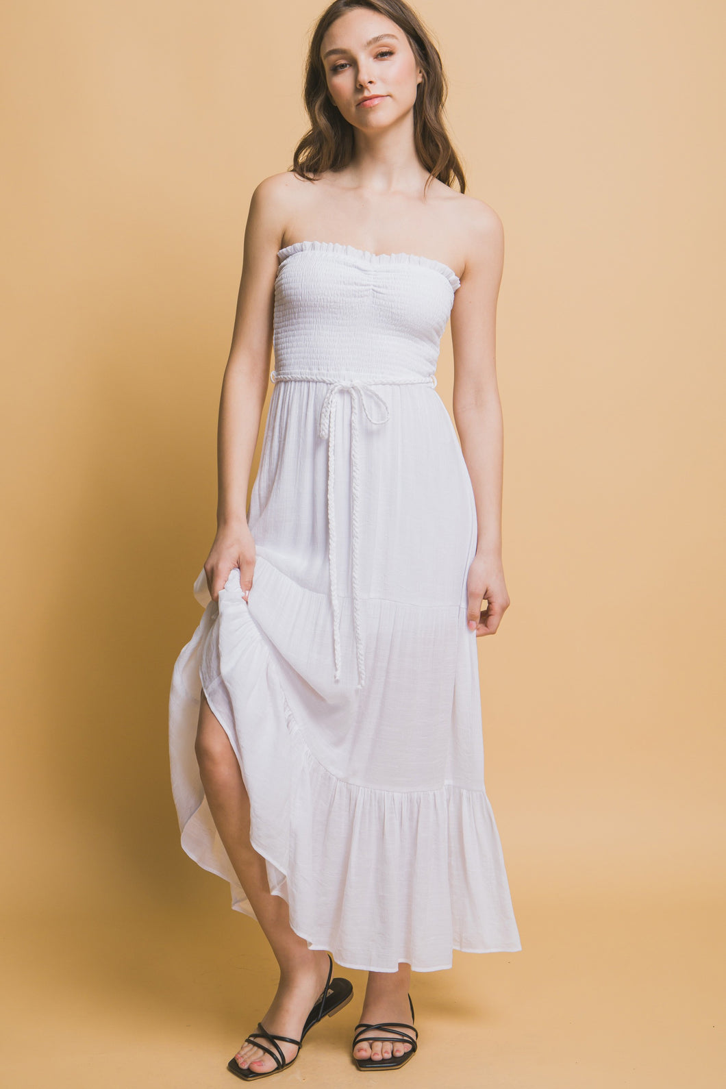 4404-Rayon Strapless Smocked Maxi Dress-WHITE