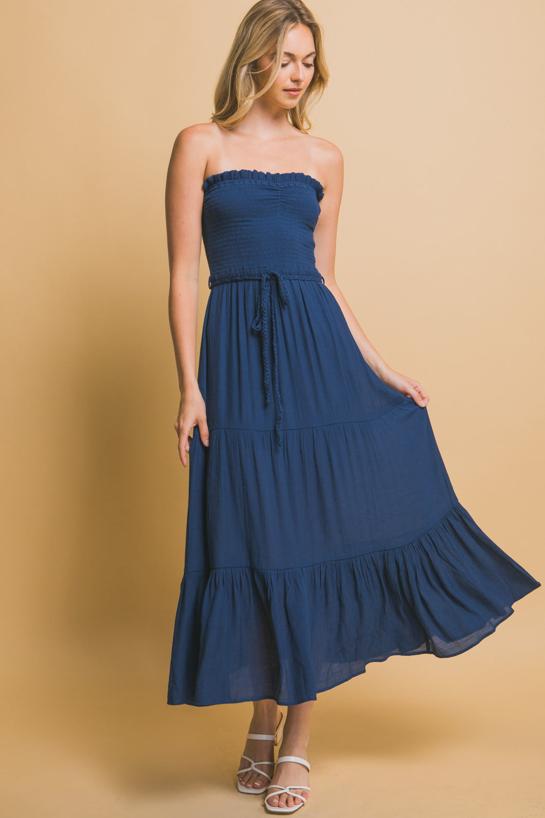 4403-Rayon Strapless Smocked Maxi Dress-NAVY