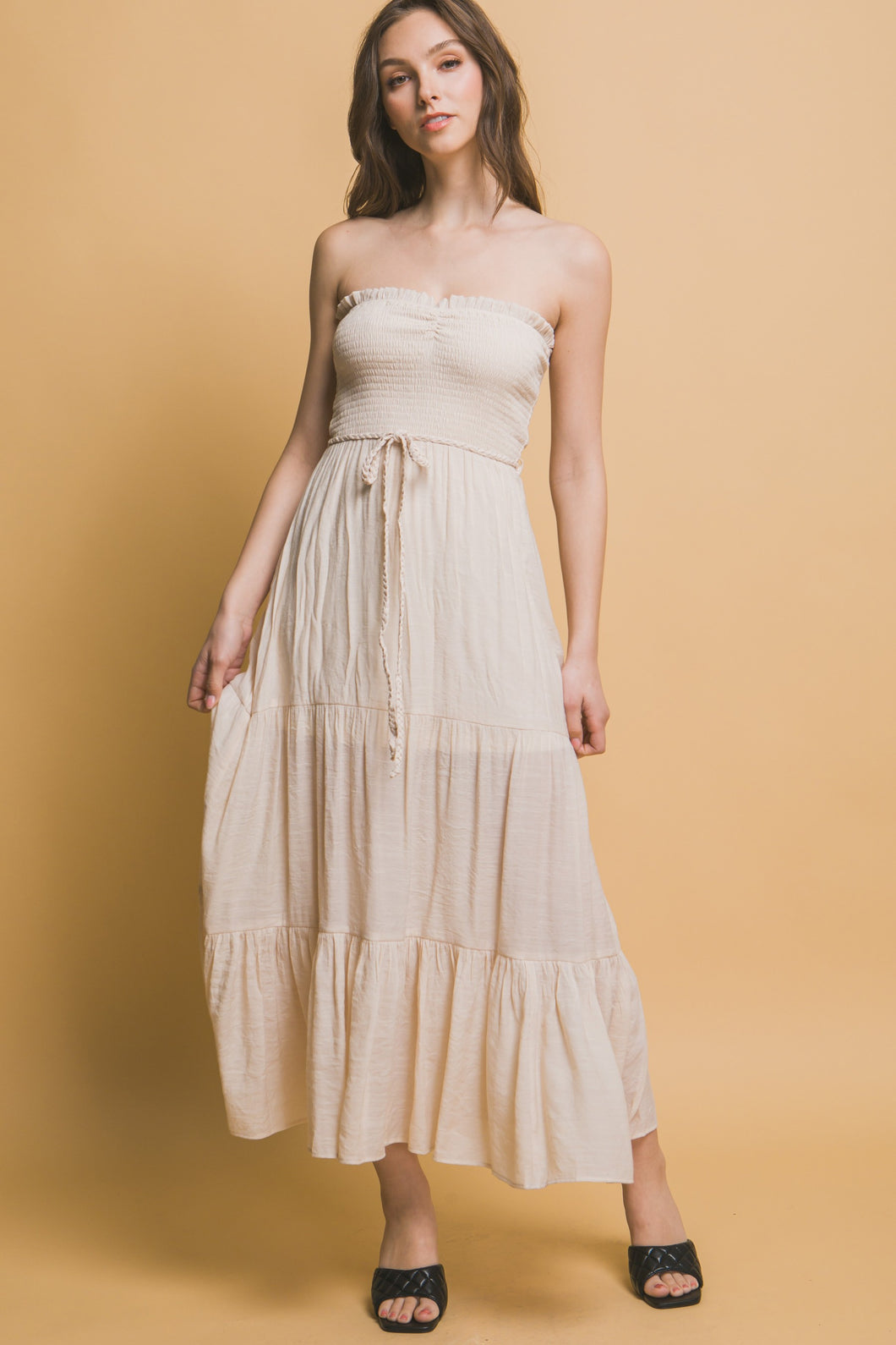 4452-Rayon Strapless Smocked Maxi Dress-NATURAL