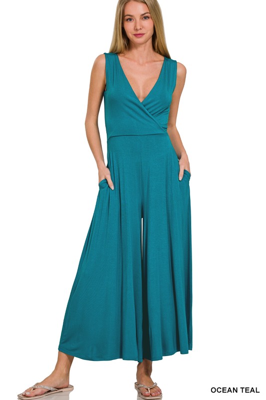 4316-SURPLICE NECKLINE SLEEVELESS JUMPSUIT-TEAL