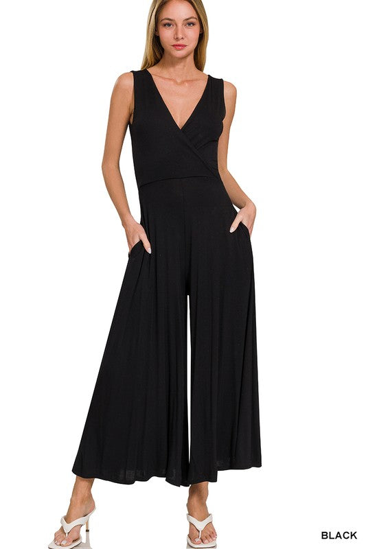 4315-SURPLICE NECKLINE SLEEVELESS JUMPSUIT-BLACK