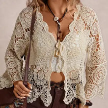 Load image into Gallery viewer, 6178- Boho Crochet Lace Cutout CARDIGAN-BEIGE
