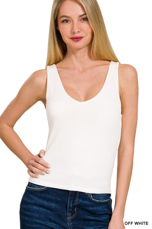 4319-DOUBLE LAYER V NECK TANK TOP-OFF WHITE