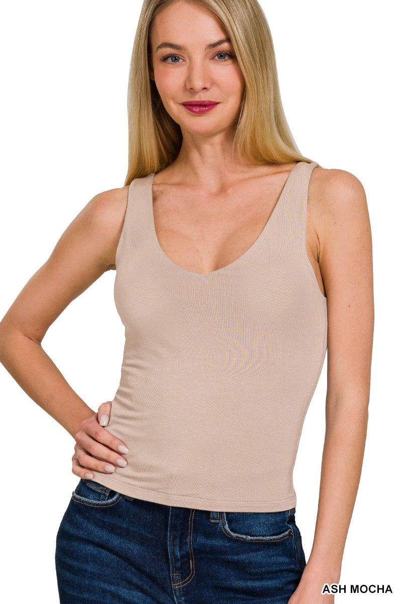 4326-DOUBLE LAYER V NECK TANK TOP-ASH MOCHA