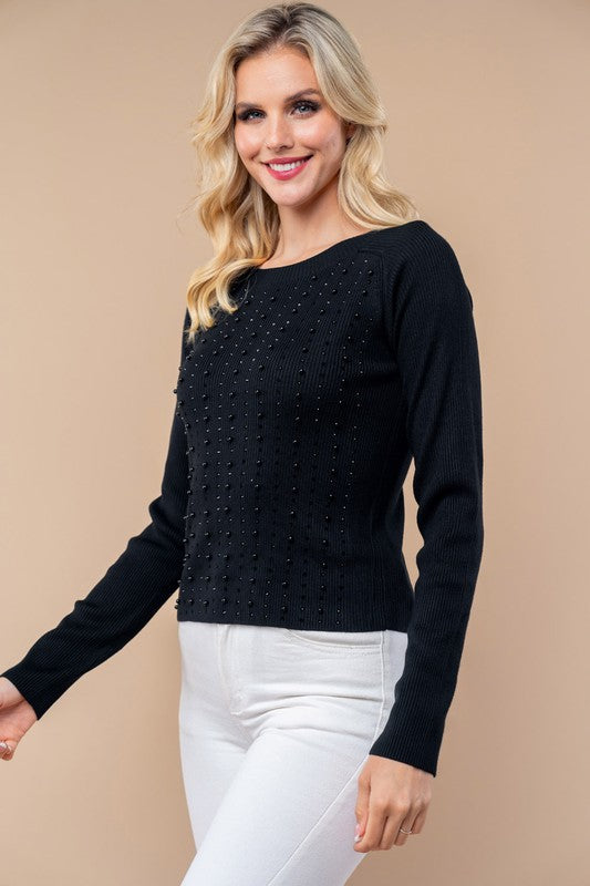 4545-Long Sleeve Solid Knit Top with pearls-BLACK