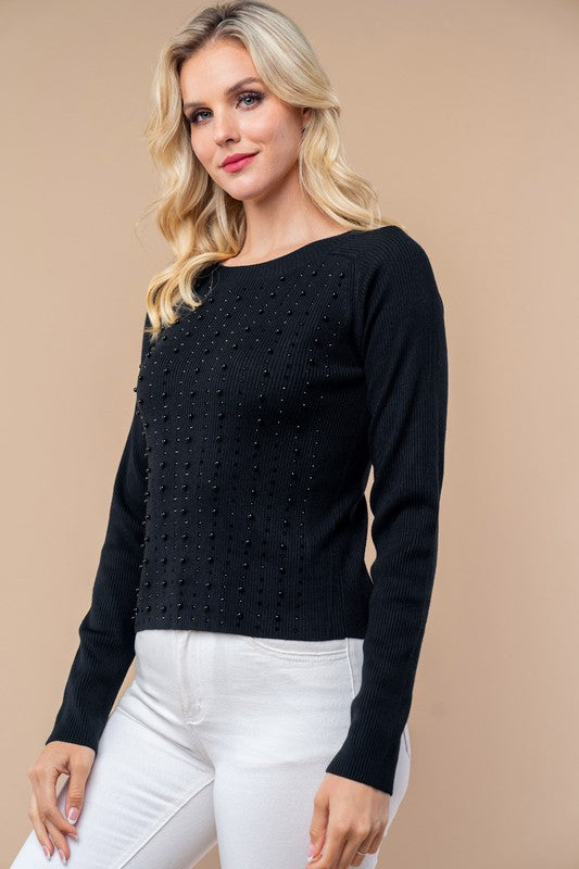 4545-Long Sleeve Solid Knit Top with pearls-BLACK