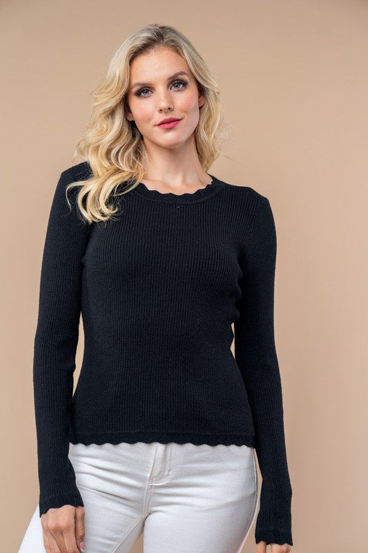 4549-Long Sleeve Solid Knit Top-BLACK