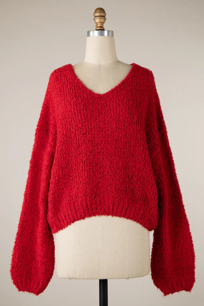 4841-Fluffy V Neck Cropped Sweater-RED