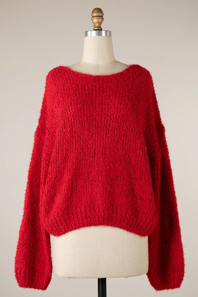 4839-Fuzzy Fluffy Puff Sleeve Cropped Sweater