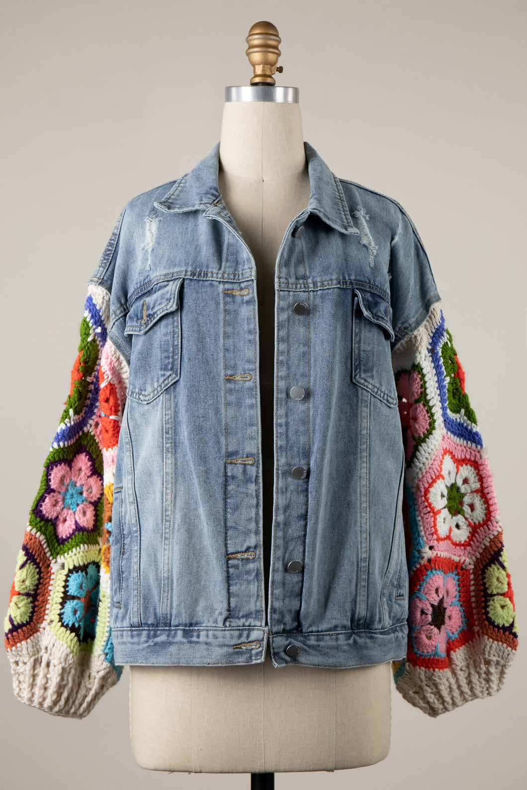 5361-Denim Jacket Flower Granny Square Crochet Sleeves-BEIGE