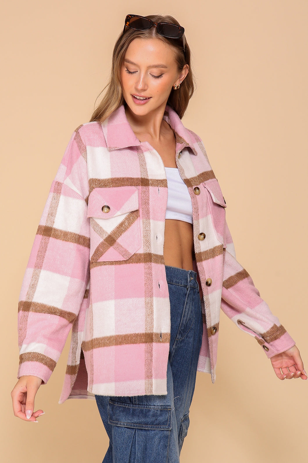 4635-Fall days plaid print shacket-PINK