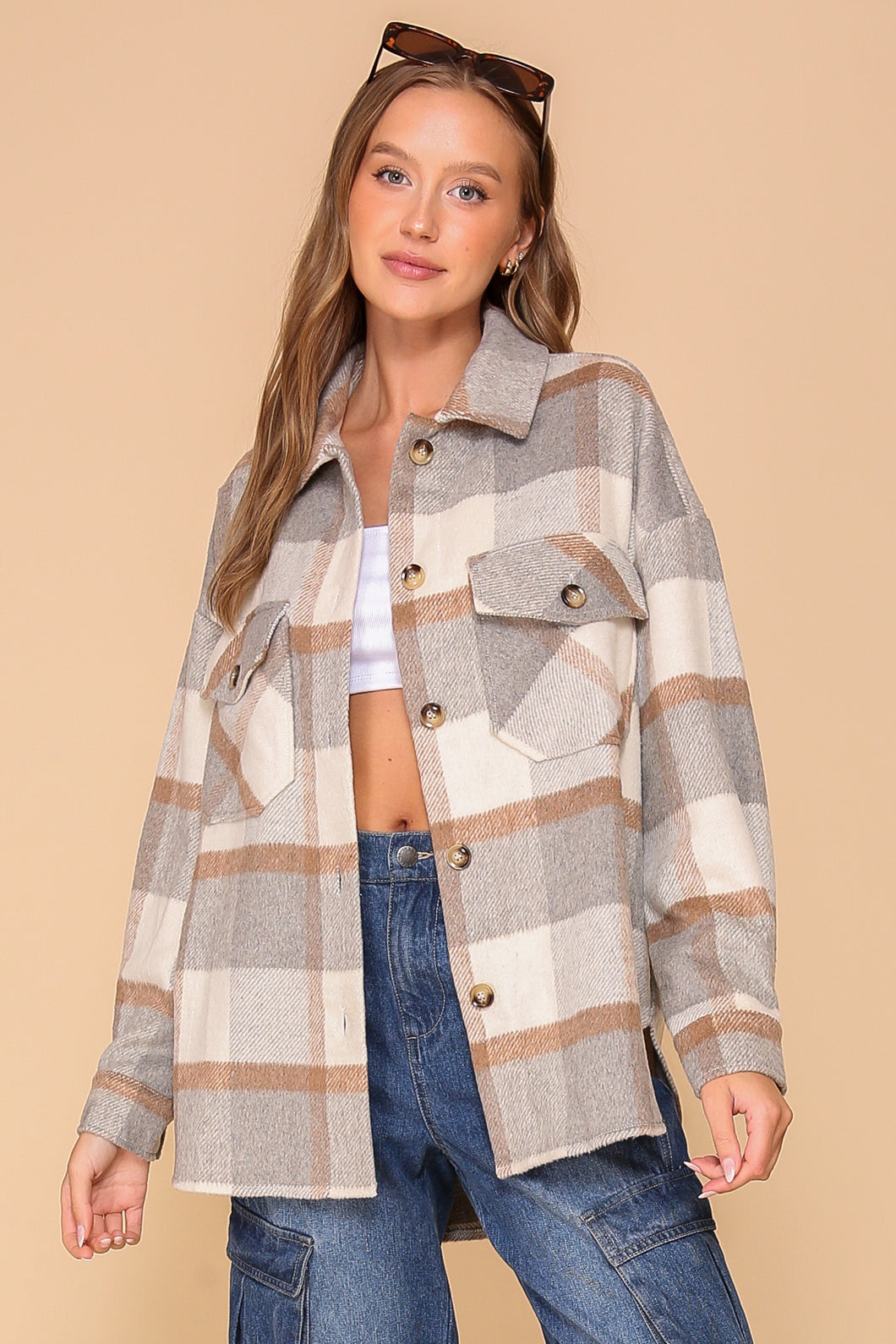 4636-Fall days plaid print shacket-GREY