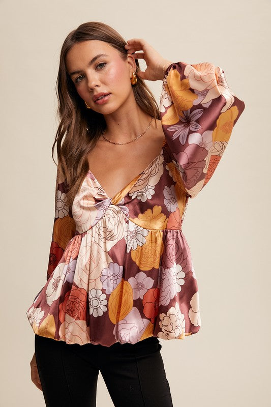 4569-Floral Print Front Twist Babydoll Blouse Top-MAROON
