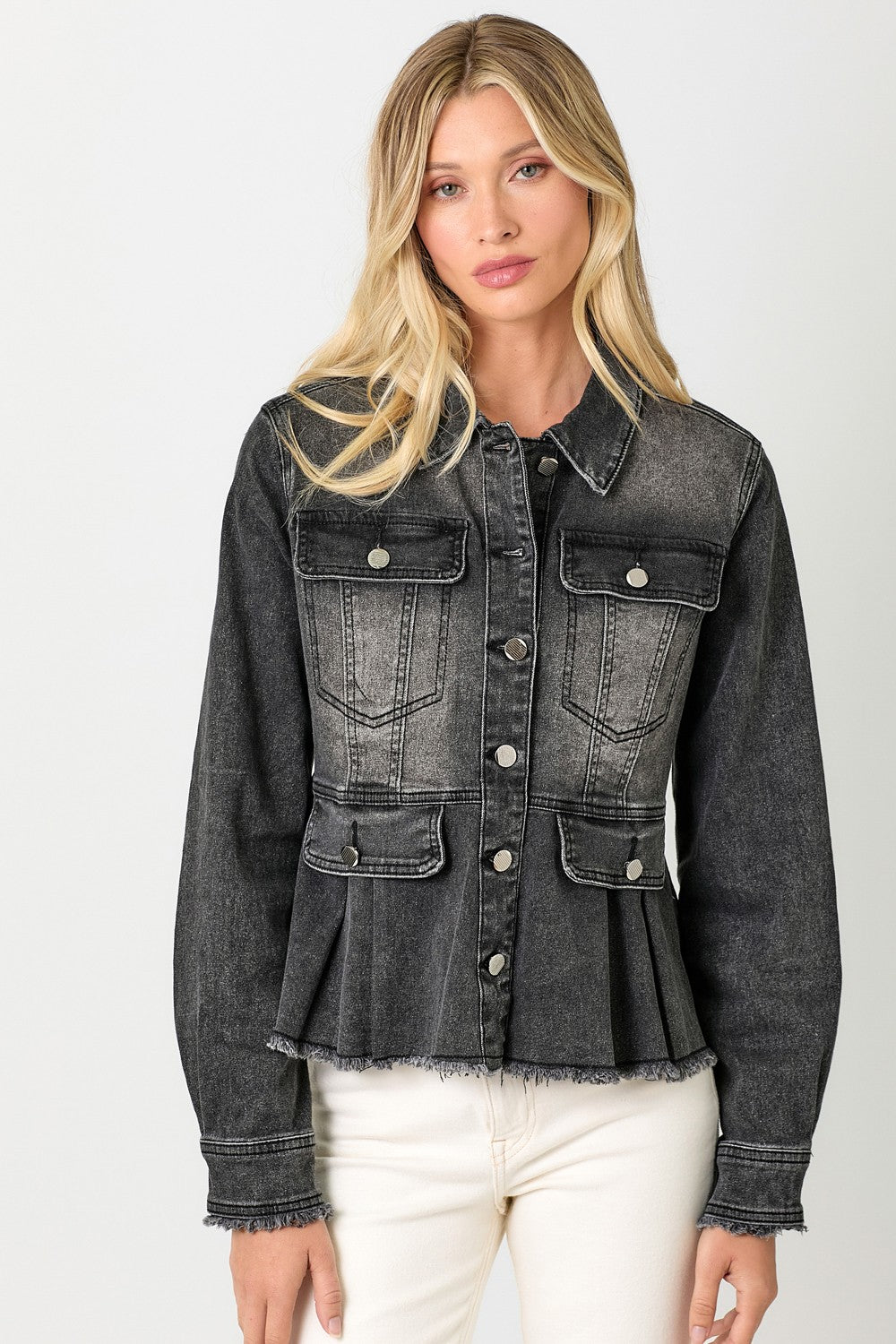 4639-Washed Denim Peplum Jacket-BLACK