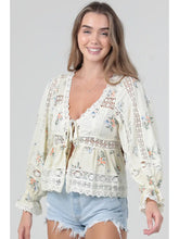 Load image into Gallery viewer, 5821-Lace Trim tie front long sleeve top-cream
