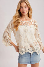 Load image into Gallery viewer, 6354- Boho Sheer Crochet 3/4 Sleeved Top-NATURAL
