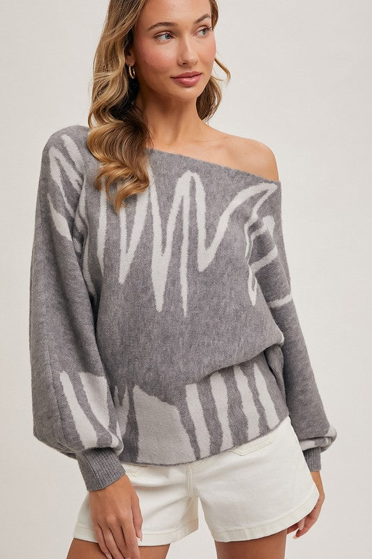 4765-ABSTRACT PRINT ONE SHOULDER OFF KNIT SWEATER