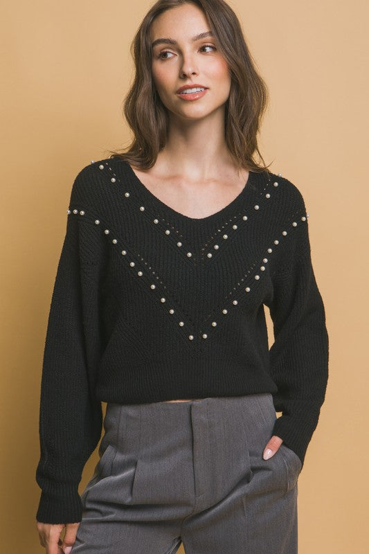 4792-Pearl Details Sweater-BLACK