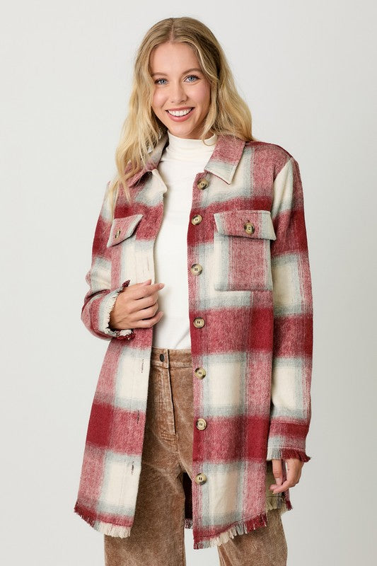 4644-Fringe Detailed Long Plaid Jacket-RED