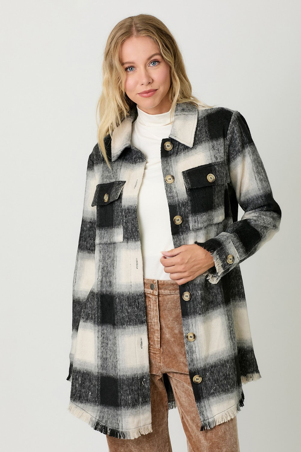 4643-Fringe Detailed Long Plaid Jacket-BLACK