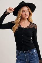 Load image into Gallery viewer, 4758-LACE TRIMMED BUTTON DOWN KNIT TOP-BLK
