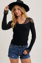 Load image into Gallery viewer, 4758-LACE TRIMMED BUTTON DOWN KNIT TOP-BLK
