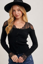 Load image into Gallery viewer, 4758-LACE TRIMMED BUTTON DOWN KNIT TOP-BLK
