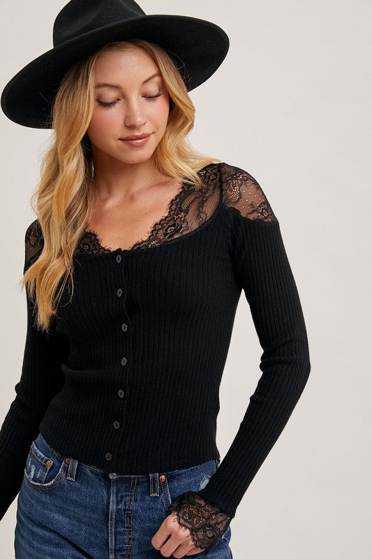 4758-LACE TRIMMED BUTTON DOWN KNIT TOP-BLK