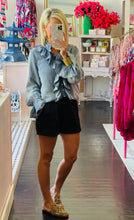 Load image into Gallery viewer, 6487- Denim Ruffled Button Down Long Sleeve Top

